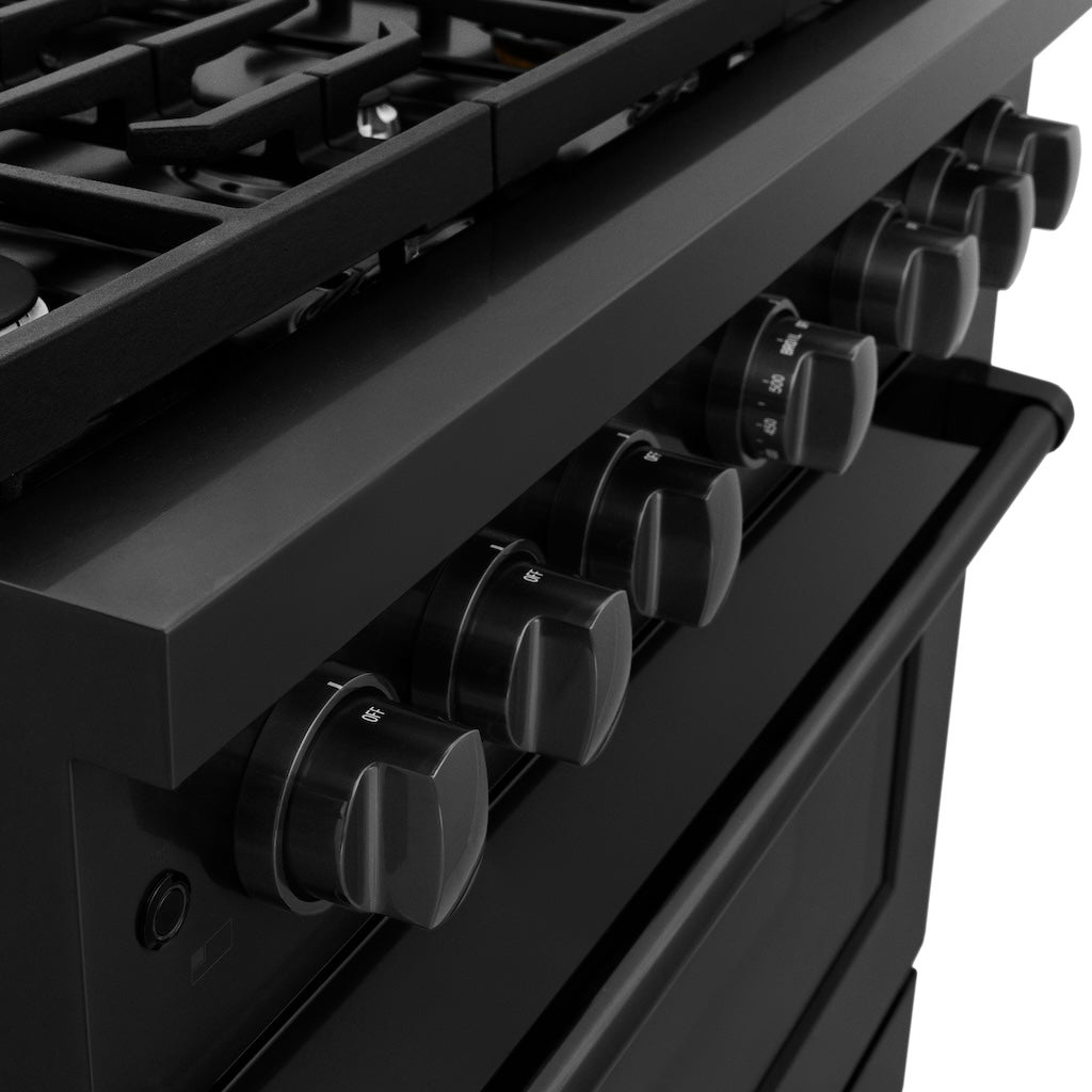 ZLINE 36 in. 5.2 cu. ft. 6 Burner Gas Range with Convection Gas Oven in Black Stainless Steel (SGRB-36) knobs close-up.