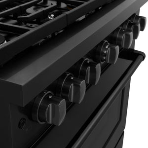 ZLINE 36 in. 5.2 cu. ft. 6 Burner Gas Range with Convection Gas Oven in Black Stainless Steel (SGRB-36) knobs close-up.