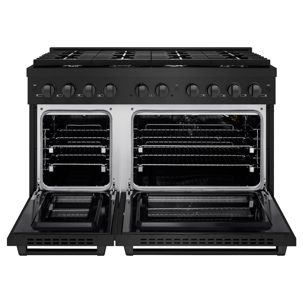 ZLINE 48 in. 6.7 cu. ft. 8 Burner Double Oven Gas Range in Black Stainless Steel (SGRB-48) front, oven open.