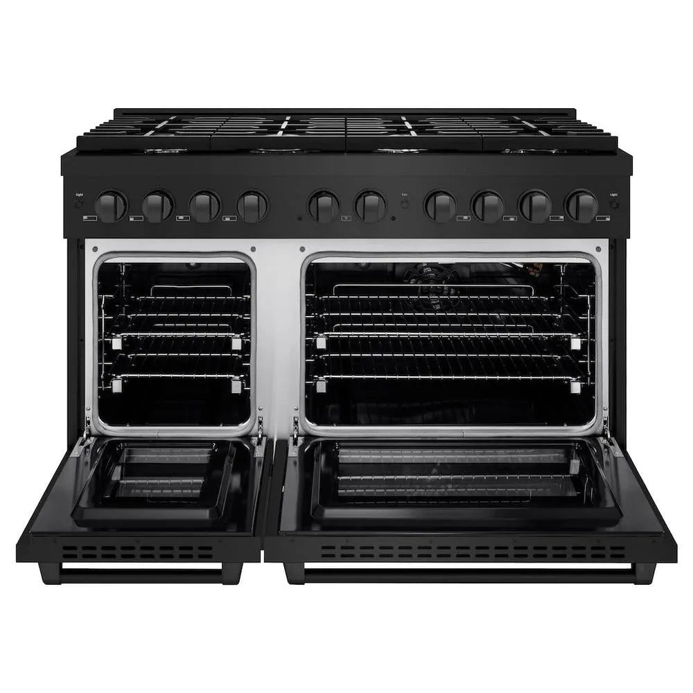 ZLINE 48 in. 6.7 cu. ft. Paramount Double Oven Gas Range with 8 Burner Cooktop in Black Stainless Steel (SGRB-48) front, open.