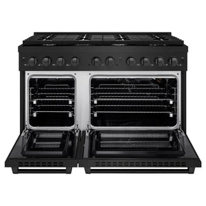 ZLINE 48 in. 6.7 cu. ft. Paramount Double Oven Gas Range with 8 Burner Cooktop in Black Stainless Steel (SGRB-48) front, open.