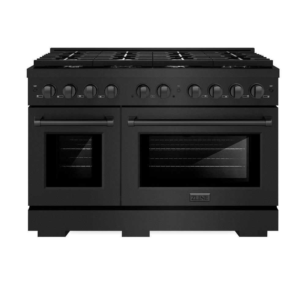 ZLINE 48 in. 6.7 cu. ft. Paramount Double Oven Dual Fuel Range with 8 Burner Gas Cooktop in Black Stainless Steel (SDRB-48) front, oven closed.