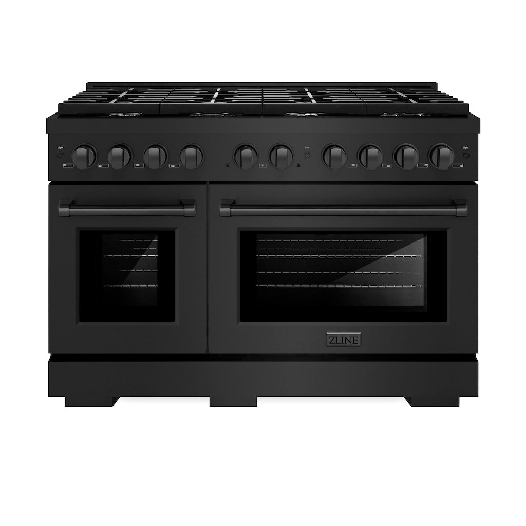 ZLINE 48 in. 6.7 cu. ft. 8 Burner Double Oven Gas Range in Black Stainless Steel (SGRB-48) front, oven closed.