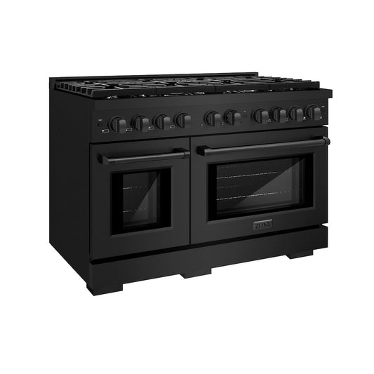 ZLINE 48 in. 6.7 cu. ft. 8 Burner Double Oven Gas Range in Black Stainless Steel (SGRB-48) side, oven closed.