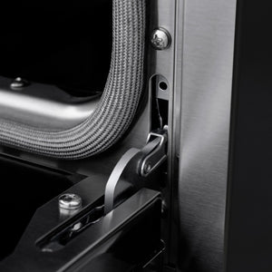 ZLINE 48 in. 6.7 cu. ft. Paramount Double Oven Dual Fuel Range with 8 Burner Gas Cooktop in Black Stainless Steel (SDRB-48) StayPut oven door hinge close-up.