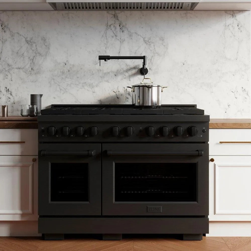 ZLINE 48 in. 6.7 cu. ft. Paramount Double Oven Gas Range with 8 Burner Cooktop in Black Stainless Steel (SGRB-48) in a kitchen with marble backsplash and wooden countertops