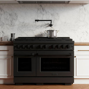 ZLINE 48 in. 6.7 cu. ft. Paramount Double Oven Dual Fuel Range with 8 Burner Gas Cooktop in Black Stainless Steel (SDRB-48) front, in a luxury kitchen.