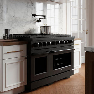 ZLINE 48 in. 6.7 cu. ft. Paramount Double Oven Dual Fuel Range with 8 Burner Gas Cooktop in Black Stainless Steel (SDRB-48) side, in a luxury kitchen.