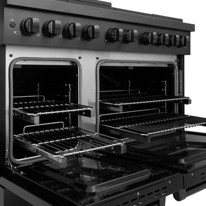 ZLINE 48 in. 6.7 cu. ft. Paramount Double Oven Gas Range with 8 Burner Cooktop in Black Stainless Steel (SGRB-48) oven detail.