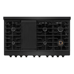 ZLINE 48 in. 6.7 cu. ft. Paramount Double Oven Dual Fuel Range with 8 Burner Gas Cooktop in Black Stainless Steel (SDRB-48) above, top-down view of gas cooktop.