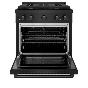 ZLINE 30 in. 4.2 cu. ft. Paramount Gas Range with Convection Gas Oven in Black Stainless Steel with 4 Brass Burners (SGRB-BR-30) front, open.