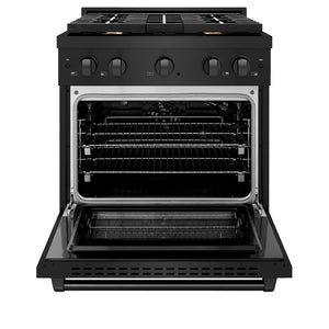 ZLINE 30 in. 4.2 cu. ft. Gas Range with Convection Gas Oven in Black Stainless Steel with 4 Brass Burners (SGRB-BR-30) front, oven open.