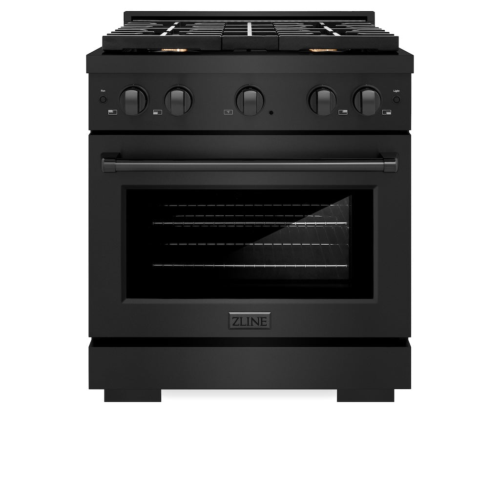 ZLINE 30 in. 4.2 cu. ft. Gas Range with Convection Gas Oven in Black Stainless Steel with 4 Brass Burners (SGRB-BR-30) front, oven closed.