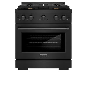 ZLINE 30 in. 4.2 cu. ft. Gas Range with Convection Gas Oven in Black Stainless Steel with 4 Brass Burners (SGRB-BR-30) front, oven closed.