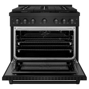 ZLINE 36 in. 5.2 cu. ft. 6 Burner Gas Range with Convection Gas Oven in Black Stainless Steel with Brass Burners (SGRB-BR-36) front, oven open.