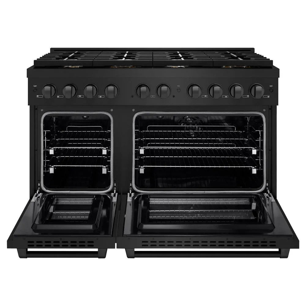 ZLINE 48 in. 6.7 cu. ft. Paramount Double Oven Dual Fuel Range in Black Stainless Steel with 8 Brass Burners (SDRB-BR-48) front, open.