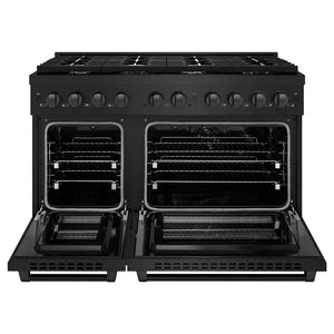 ZLINE 48 in. 6.7 cu. ft. Paramount Double Oven Dual Fuel Range in Black Stainless Steel with 8 Brass Burners (SDRB-BR-48) front, open.