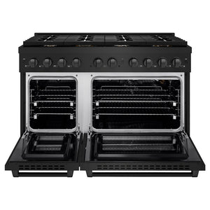 ZLINE 48 in. 6.7 cu. ft. 8 Burner Double Oven Gas Range in Black Stainless Steel with Brass Burners (SGRB-BR-48) front, oven open.