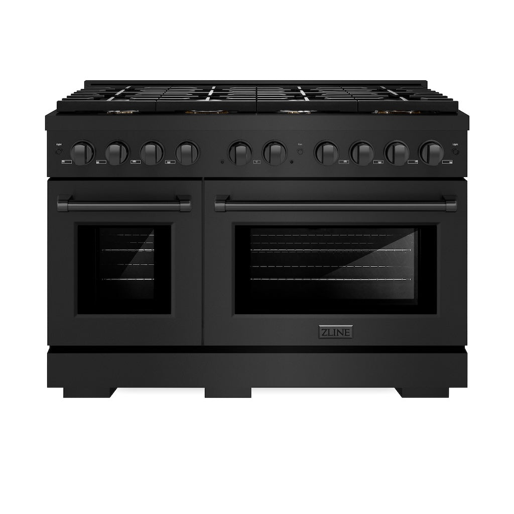 ZLINE 48 in. 6.7 cu. ft. 8 Burner Double Oven Gas Range in Black Stainless Steel with Brass Burners (SGRB-BR-48) front, oven closed.