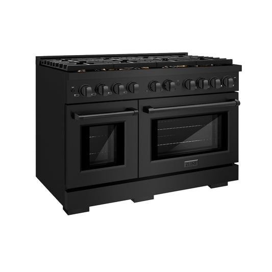 ZLINE 48 in. 6.7 cu. ft. 8 Burner Double Oven Gas Range in Black Stainless Steel with Brass Burners (SGRB-BR-48) side, oven closed.