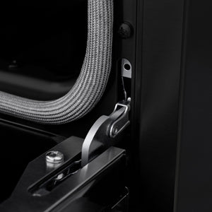 ZLINE 48 in. 6.7 cu. ft. Paramount Double Oven Dual Fuel Range in Black Stainless Steel with 8 Brass Burners (SDRB-BR-48) StayPut oven door hinge close-up.