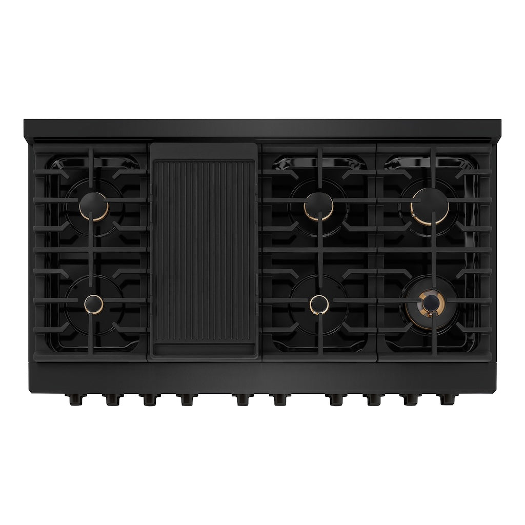 ZLINE 48 in. 6.7 cu. ft. 8 Burner Double Oven Gas Range in Black Stainless Steel with Brass Burners (SGRB-BR-48) from above, showing gas burners, black porcelain cooktop, and cast-iron grates.