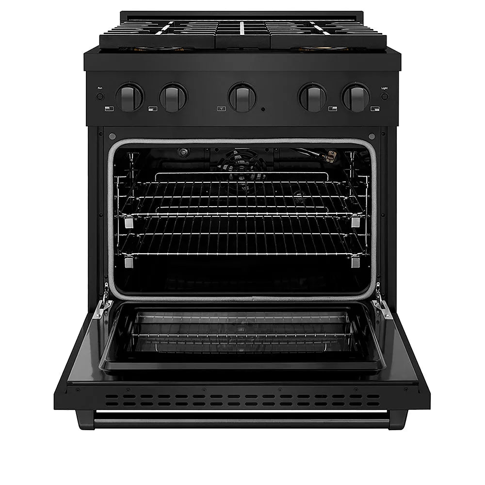 ZLINE 30 in. 4.2 cu. ft. Paramount Gas Range with 4 Burner DuoPro™ Cooktop and Convection Gas Oven in Black Stainless Steel (PSGRB-30) front, oven open.