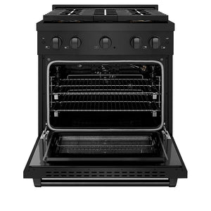 ZLINE 30 in. 4.2 cu. ft. Paramount Gas Range with 4 Burner DuoPro™ Cooktop and Convection Gas Oven in Black Stainless Steel (PSGRB-30) front, oven open.