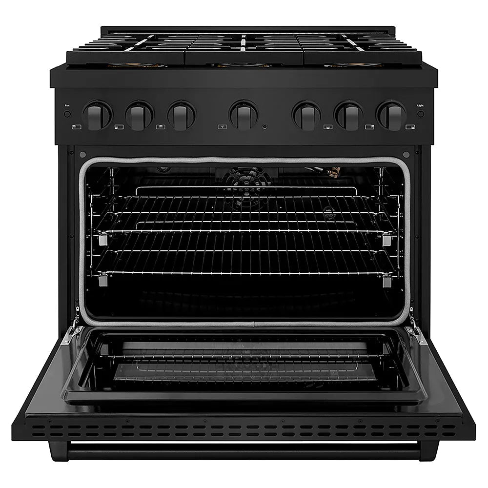 ZLINE 36 in. 5.2 cu. ft. Paramount Gas Range with 6 Burner DuoPro™ Cooktop and Convection Gas Oven in Black Stainless Steel (PSGRB-36) front, oven open.