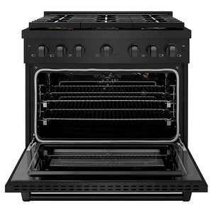 ZLINE 36 in. 5.2 cu. ft. Paramount Gas Range with 6 Burner DuoPro™ Cooktop and Convection Gas Oven in Black Stainless Steel (PSGRB-36) front, oven open.