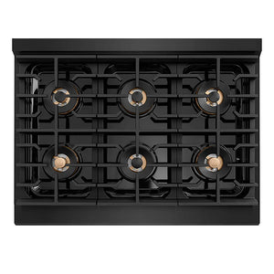 ZLINE 36 in. 5.2 cu. ft. Paramount Gas Range with 6 Burner DuoPro™ Cooktop and Convection Gas Oven in Black Stainless Steel (PSGRB-36) top-down, above cooktop.