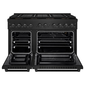 ZLINE 48 in. 6.7 cu. ft. Paramount Gas Range with 8 Burner DuoPro™ Cooktop and Dual Ovens in Black Stainless Steel (PSGRB-48) front, oven open.