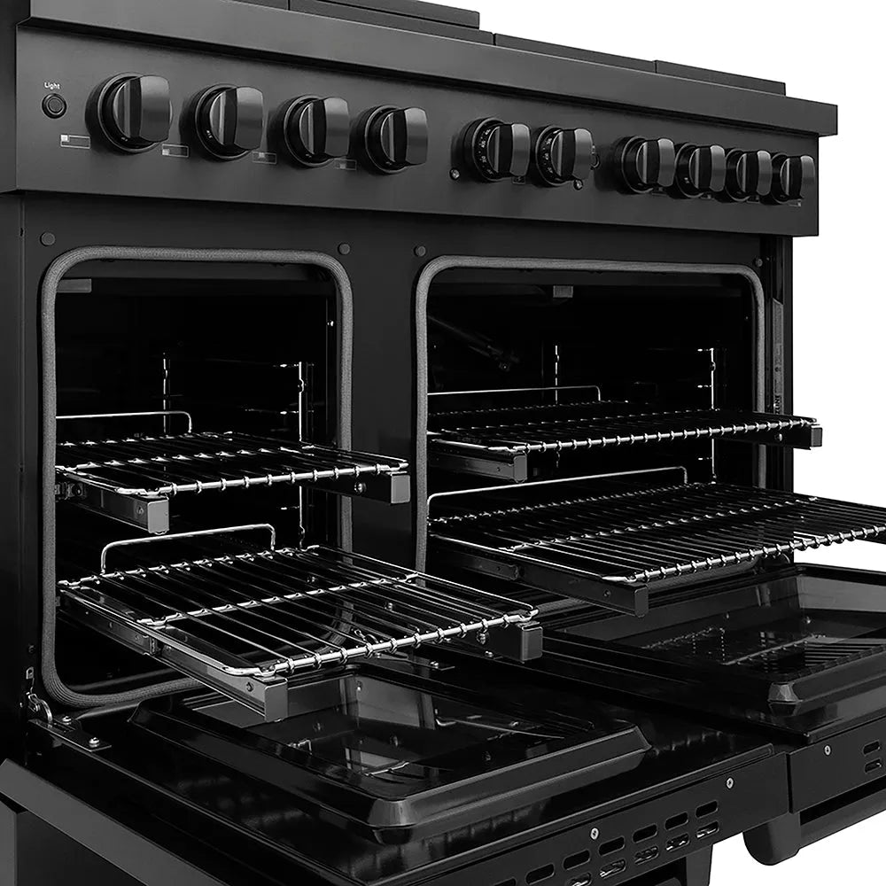 ZLINE 48 in. 6.7 cu. ft. Paramount Gas Range with 8 Burner DuoPro™ Cooktop and Dual Ovens in Black Stainless Steel (PSGRB-48) with open oven doors showing interior racks on a white background