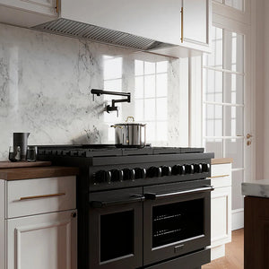 ZLINE 48 in. 6.7 cu. ft. Paramount Gas Range with 8 Burner DuoPro™ Cooktop and Dual Ovens in Black Stainless Steel (PSGRB-48) in a kitchen with marble backsplash
