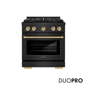 ZLINE Autograph Edition 30 in. 4.2 cu. ft. Paramount Gas Range with 4 Burner DuoPro™ Cooktop and Convection Gas Oven in Black Stainless Steel and Champagne Bronze Accents (PSGRBZ-30-CB)