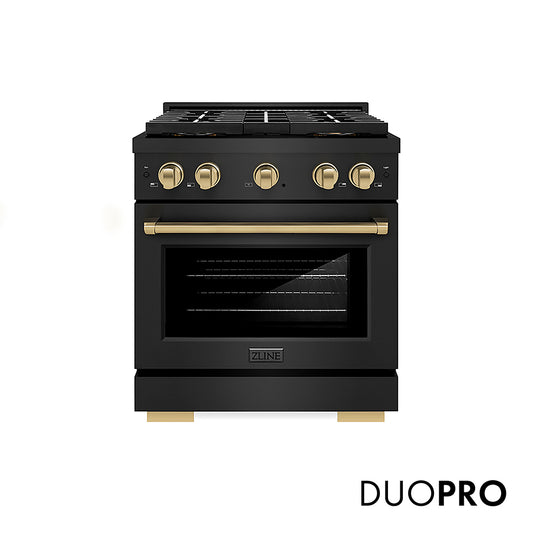 ZLINE Autograph Edition 30 in. 4.2 cu. ft. Paramount Gas Range with 4 Burner DuoPro™ Cooktop and Convection Gas Oven in Black Stainless Steel and Champagne Bronze Accents (PSGRBZ-30-CB)