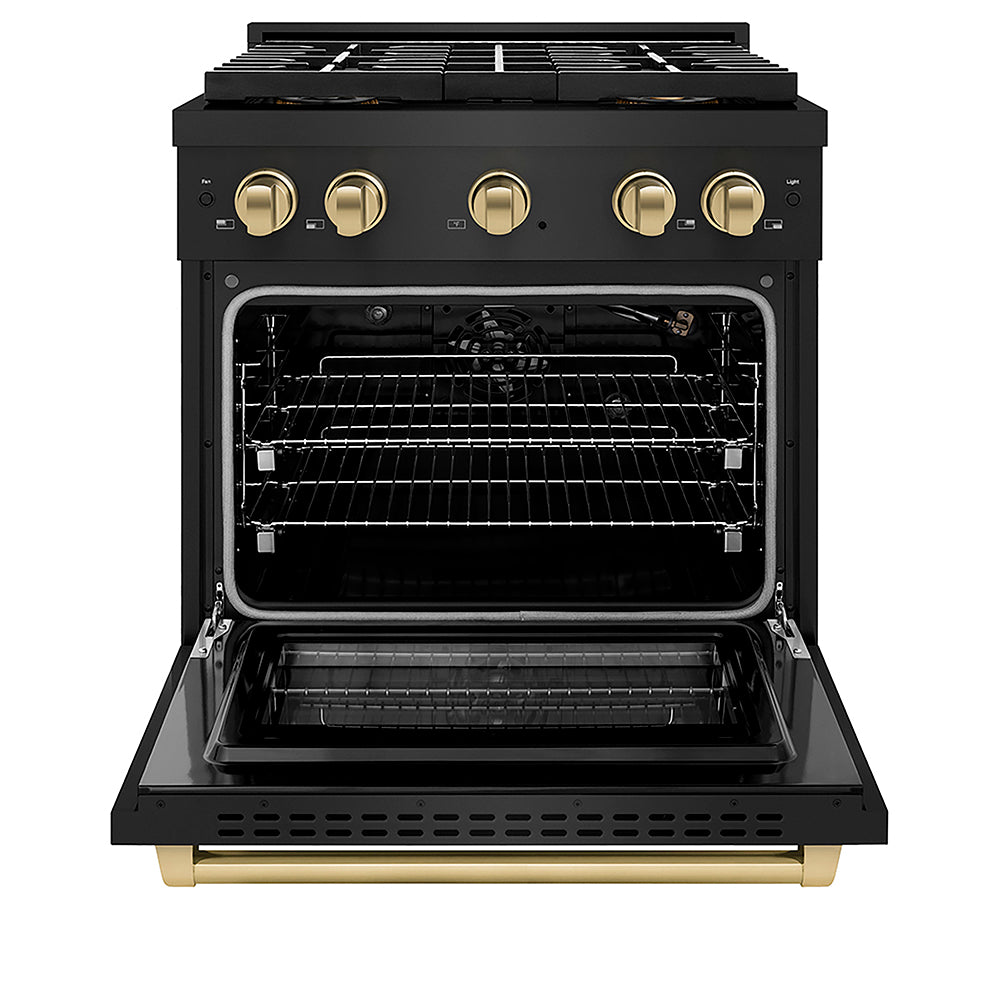 ZLINE Autograph Edition 30 in. 4.2 cu. ft. Paramount Gas Range with 4 Burner DuoPro™ Cooktop and Convection Gas Oven in Black Stainless Steel and Champagne Bronze Accents (PSGRBZ-30-CB)