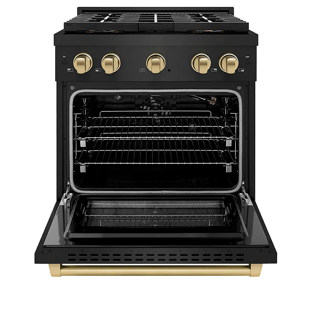 ZLINE Autograph Edition 30 in. 4.2 cu. ft. Paramount Gas Range with 4 Burner DuoPro™ Cooktop and Convection Gas Oven in Black Stainless Steel and Champagne Bronze Accents (PSGRBZ-30-CB) front, oven open.