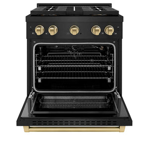 ZLINE Autograph Edition 30 in. 4.2 cu. ft. Paramount Gas Range with 4 Burner DuoPro™ Cooktop and Convection Gas Oven in Black Stainless Steel and Champagne Bronze Accents (PSGRBZ-30-CB) front, oven open.