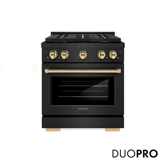 ZLINE Autograph Edition 30 in. 4.2 cu. ft. Paramount Gas Range with 4 Burner DuoPro™ Cooktop and Convection Gas Oven in Black Stainless Steel and Polished Gold Accents (PSGRBZ-30-G)