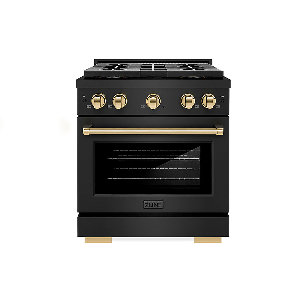 ZLINE Autograph Edition 30 in. 4.2 cu. ft. Paramount Gas Range with 4 Burner DuoPro™ Cooktop and Convection Gas Oven in Black Stainless Steel and Polished Gold Accents (PSGRBZ-30-G)