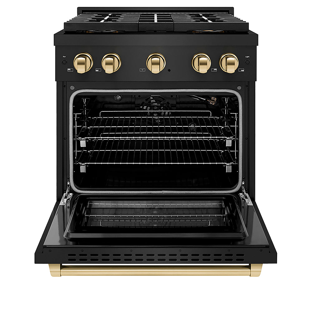 ZLINE Autograph Edition 30 in. 4.2 cu. ft. Paramount Gas Range with 4 Burner DuoPro™ Cooktop and Convection Gas Oven in Black Stainless Steel and Polished Gold Accents (PSGRBZ-30-G)