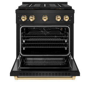 ZLINE Autograph Edition 30 in. 4.2 cu. ft. Paramount Gas Range with 4 Burner DuoPro™ Cooktop and Convection Gas Oven in Black Stainless Steel and Polished Gold Accents (PSGRBZ-30-G)