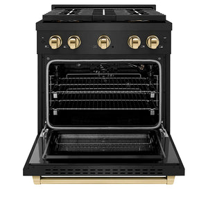ZLINE Autograph Edition 30 in. 4.2 cu. ft. Paramount Gas Range with 4 Burner DuoPro™ Cooktop and Convection Gas Oven in Black Stainless Steel and Polished Gold Accents (PSGRBZ-30-G) front, oven open.