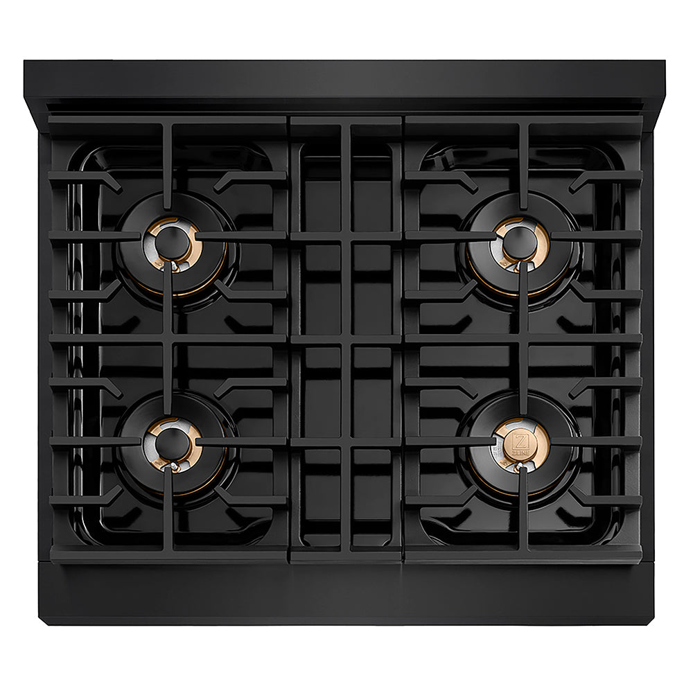 ZLINE Autograph Edition 30 in. 4.2 cu. ft. Paramount Gas Range with 4 Burner DuoPro™ Cooktop and Convection Gas Oven in Black Stainless Steel and Polished Gold Accents (PSGRBZ-30-G)