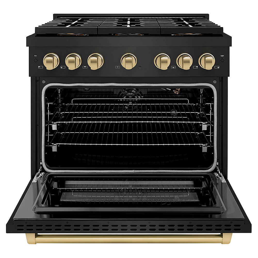 ZLINE Autograph Edition 36 in. 5.2 cu. ft. Paramount Gas Range with 6 Burner DuoPro™ Cooktop and Convection Gas Oven in Black Stainless Steel and Champagne Bronze Accents (PSGRBZ-36-CB)