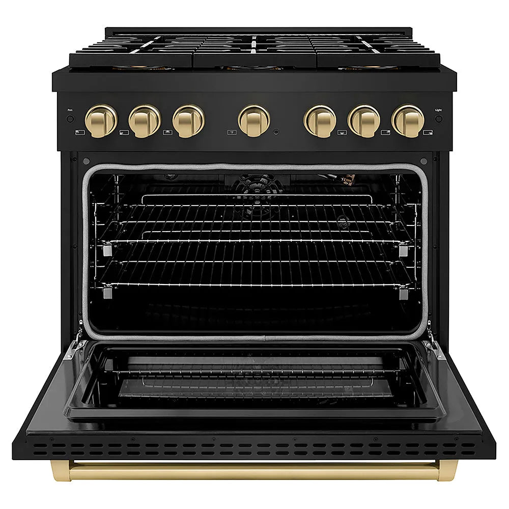 ZLINE Autograph Edition 36 in. 5.2 cu. ft. Paramount Gas Range with 6 Burner DuoPro™ Cooktop and Convection Gas Oven in Black Stainless Steel and Champagne Bronze Accents (PSGRBZ-36-CB) front, oven open.