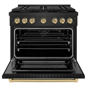 ZLINE Autograph Edition 36 in. 5.2 cu. ft. Paramount Gas Range with 6 Burner DuoPro™ Cooktop and Convection Gas Oven in Black Stainless Steel and Champagne Bronze Accents (PSGRBZ-36-CB) front, oven open.