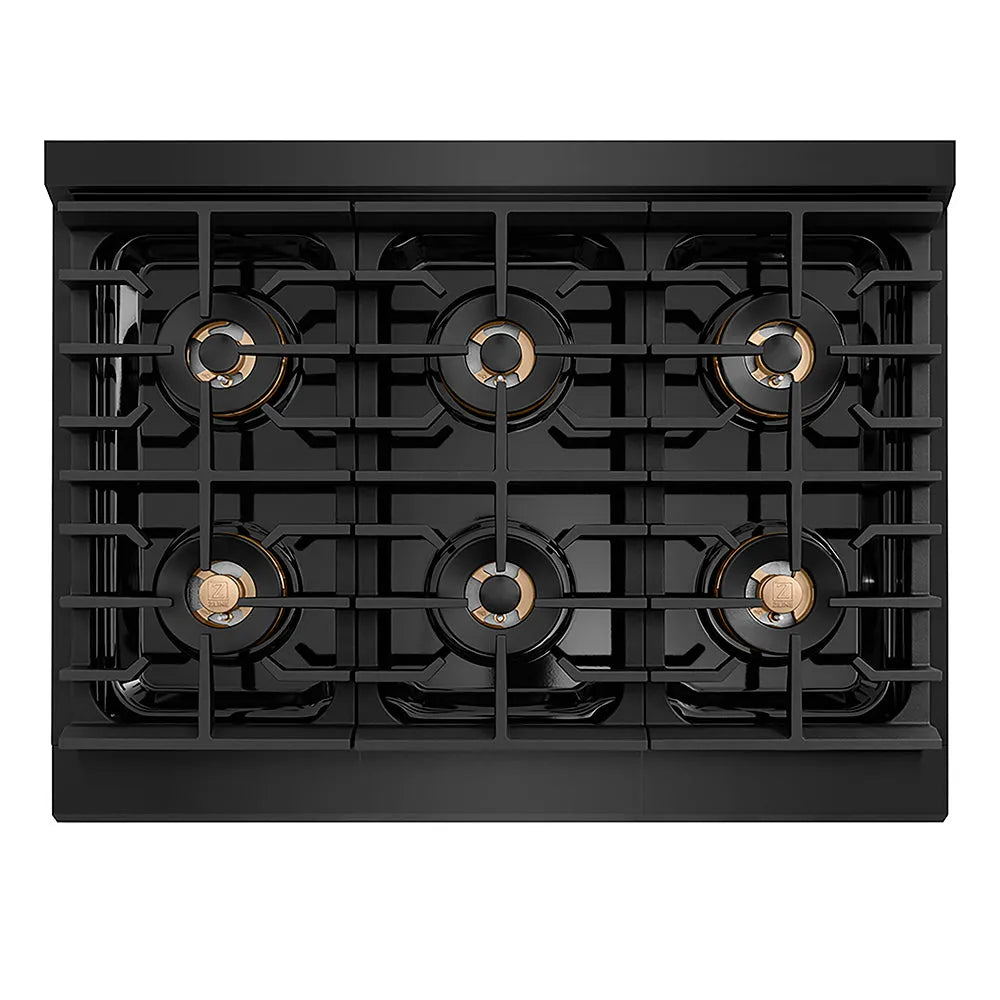 ZLINE Autograph Edition 36 in. 5.2 cu. ft. Paramount Gas Range with 6 Burner DuoPro™ Cooktop and Convection Gas Oven in Black Stainless Steel and Champagne Bronze Accents (PSGRBZ-36-CB) top-down, above cooktop.