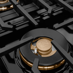ZLINE Autograph Edition 36 in. 5.2 cu. ft. Paramount Gas Range with 6 Burner DuoPro™ Cooktop and Convection Gas Oven in Black Stainless Steel and Polished Gold Accents (PSGRBZ-36-G) burner detail.